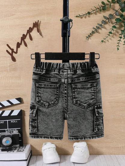 Baby Boy Spring Summer Stonewashed Flap Pocket Side Elastic Waist Cargo Denim Jeans Shorts,Summer Bottom
