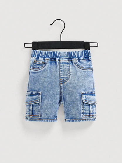 Baby Boy Spring Summer Stonewashed Flap Pocket Side Elastic Waist Cargo Denim Jeans Shorts,Summer Bottom