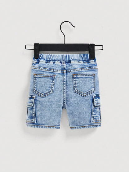 Baby Boy Spring Summer Stonewashed Flap Pocket Side Elastic Waist Cargo Denim Jeans Shorts,Summer Bottom
