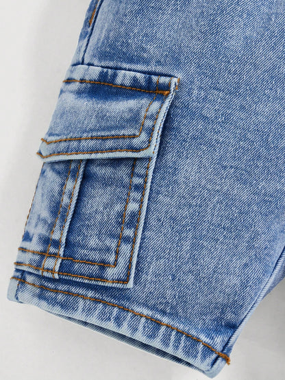 Baby Boy Spring Summer Stonewashed Flap Pocket Side Elastic Waist Cargo Denim Jeans Shorts,Summer Bottom