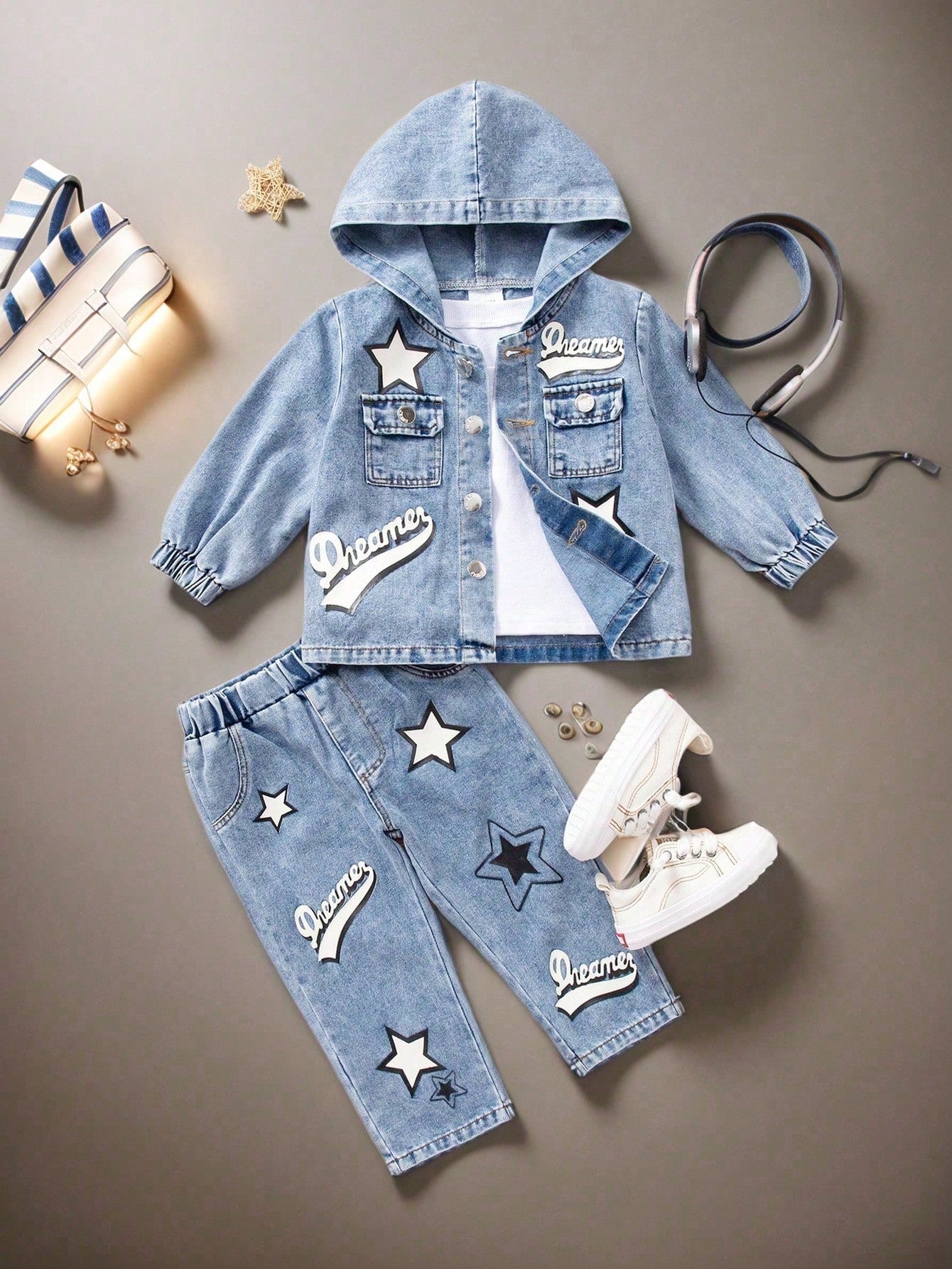 Baby Boy Star Print Hoodie Casual Denim Outfit
