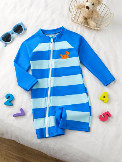 Baby Boy Striped Crab Cartoon Print Raglan Sleeve Casual Rash Guard With Shorts