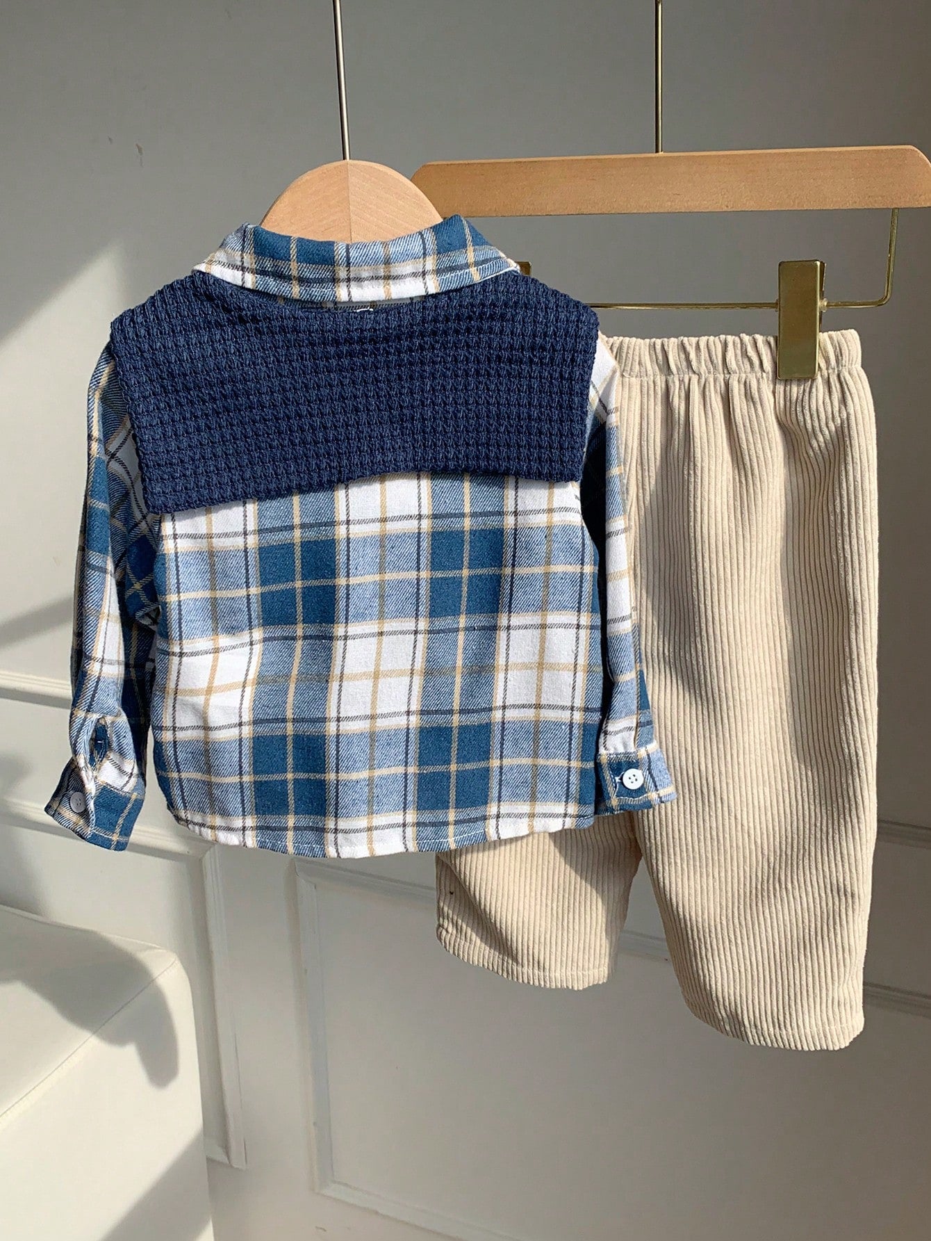 Baby Boy, Toddler 3pcs Thick Plaid Shirt & Shawl Set, Multi-Piece Outfit, Baby Winter Clothes/Outfit Sets