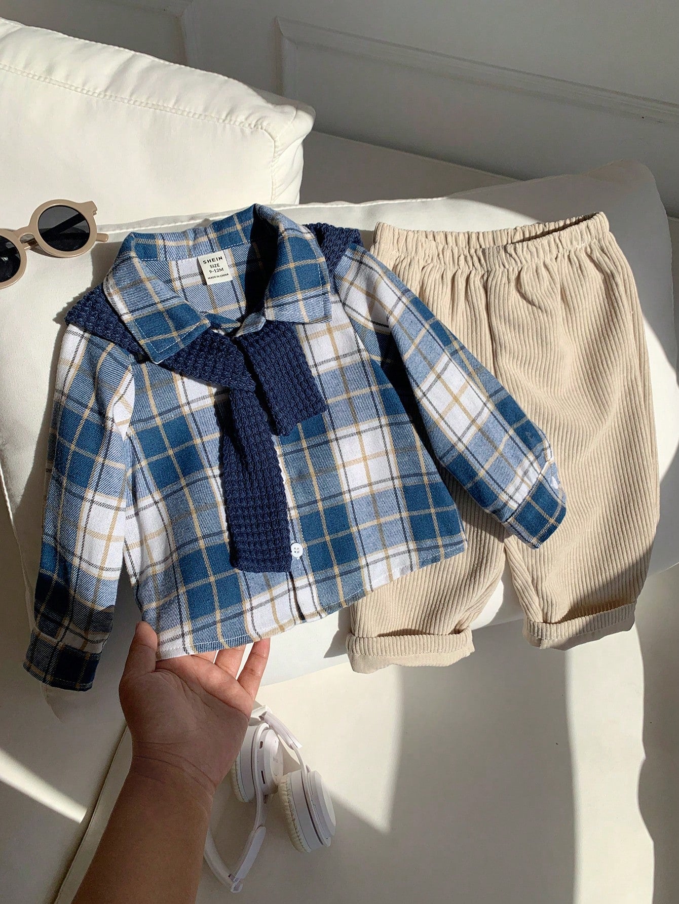 Baby Boy, Toddler 3pcs Thick Plaid Shirt & Shawl Set, Multi-Piece Outfit, Baby Winter Clothes/Outfit Sets
