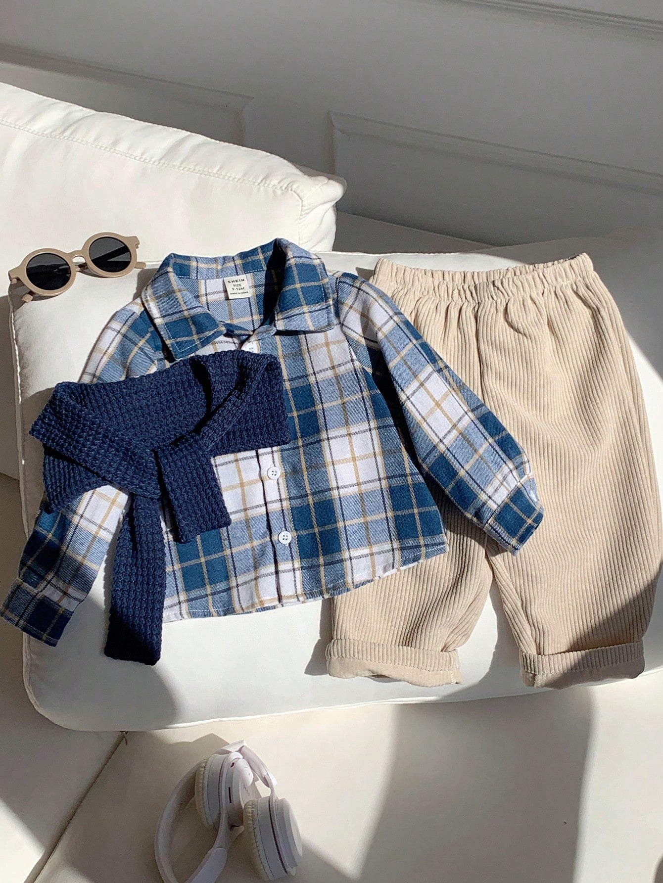 Baby Boy, Toddler 3pcs Thick Plaid Shirt & Shawl Set, Multi-Piece Outfit, Baby Winter Clothes/Outfit Sets