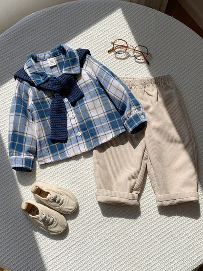 Baby Boy, Toddler 3pcs Thick Plaid Shirt & Shawl Set, Multi-Piece Outfit, Baby Winter Clothes/Outfit Sets
