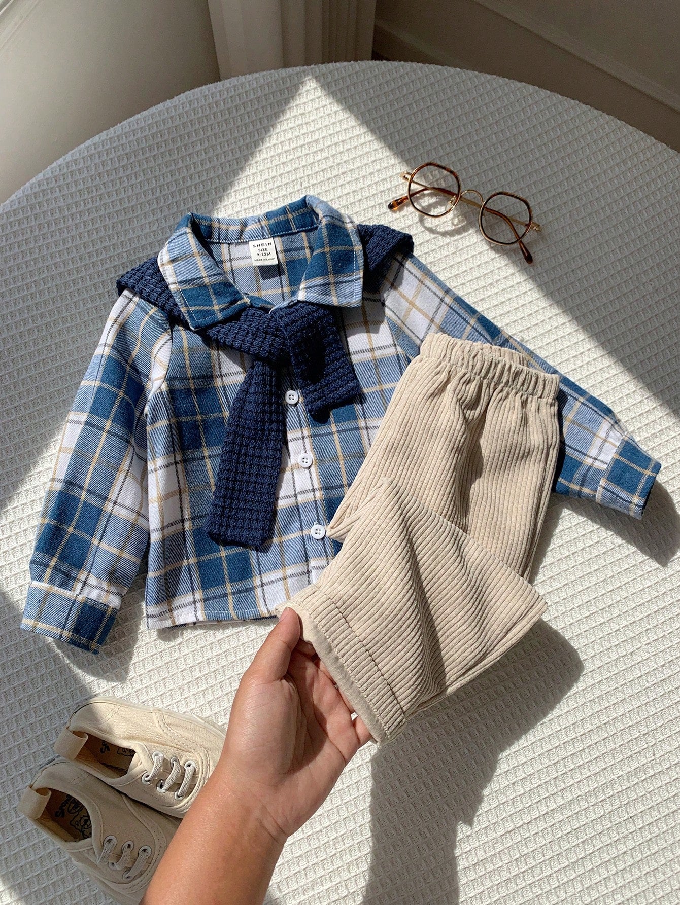 Baby Boy, Toddler 3pcs Thick Plaid Shirt & Shawl Set, Multi-Piece Outfit, Baby Winter Clothes/Outfit Sets