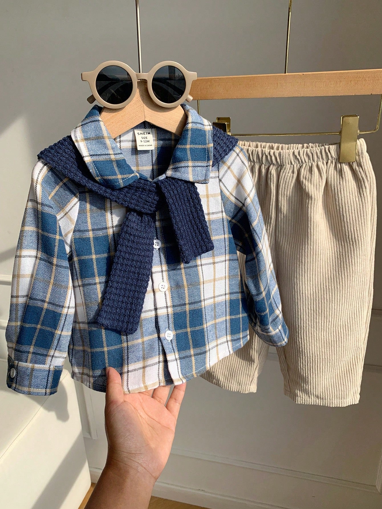 Baby Boy, Toddler 3pcs Thick Plaid Shirt & Shawl Set, Multi-Piece Outfit, Baby Winter Clothes/Outfit Sets