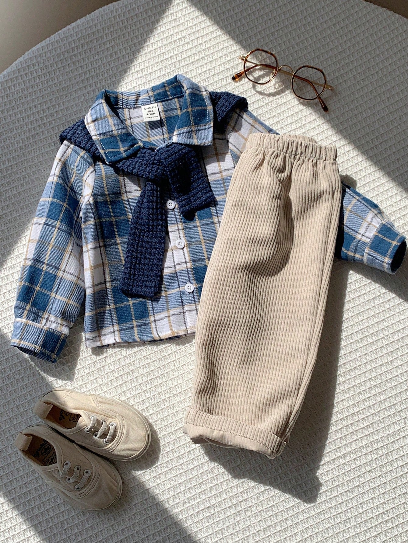Baby Boy, Toddler 3pcs Thick Plaid Shirt & Shawl Set, Multi-Piece Outfit, Baby Winter Clothes/Outfit Sets