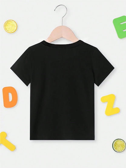 Baby Boys' Casual Comfortable Fashion Minimalist Letter Slogan Print Round Neck Fitted Knit T-Shirt, Spring/Summer