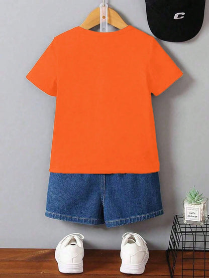 Baby Boys' Casual Comfortable Fashion Minimalist Letter Slogan Print Round Neck Fitted Knit T-Shirt, Spring/Summer