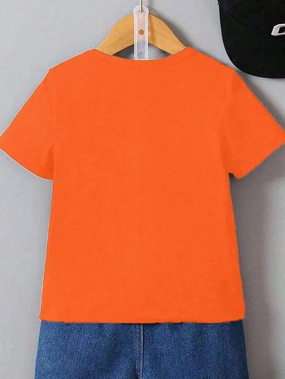 Baby Boys' Casual Comfortable Fashion Minimalist Letter Slogan Print Round Neck Fitted Knit T-Shirt, Spring/Summer