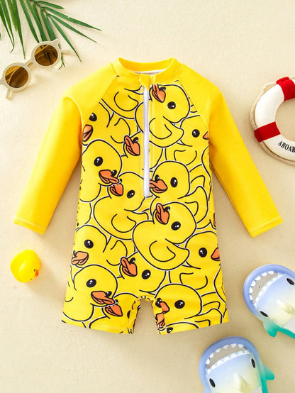 Baby Boys Cute Animal & Stripe Print Long Sleeve Cover Up, Suitable For Outdoor, Swimming, Hot Spring, Beach, Surfing, Spring/Summer