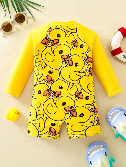 Baby Boys Cute Animal & Stripe Print Long Sleeve Cover Up, Suitable For Outdoor, Swimming, Hot Spring, Beach, Surfing, Spring/Summer
