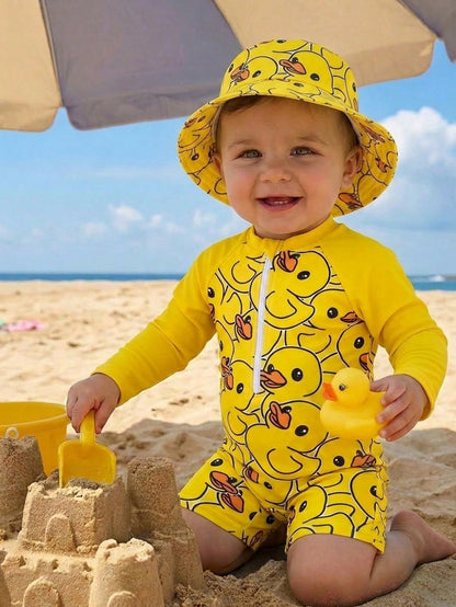 Baby Boys Cute Animal & Stripe Print Long Sleeve Cover Up, Suitable For Outdoor, Swimming, Hot Spring, Beach, Surfing, Spring/Summer