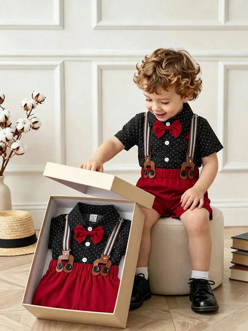 Baby Boys' Polka Dot Short Sleeve Shirt And Overalls Shorts Set