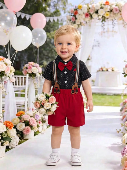Baby Boys' Polka Dot Short Sleeve Shirt And Overalls Shorts Set