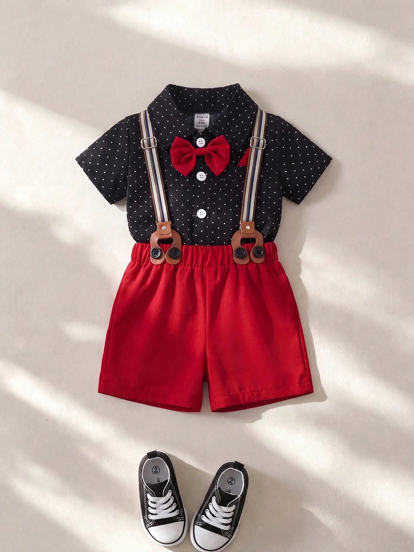 Baby Boys' Polka Dot Short Sleeve Shirt And Overalls Shorts Set