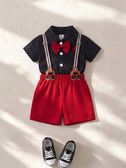 Baby Boys' Polka Dot Short Sleeve Shirt And Overalls Shorts Set