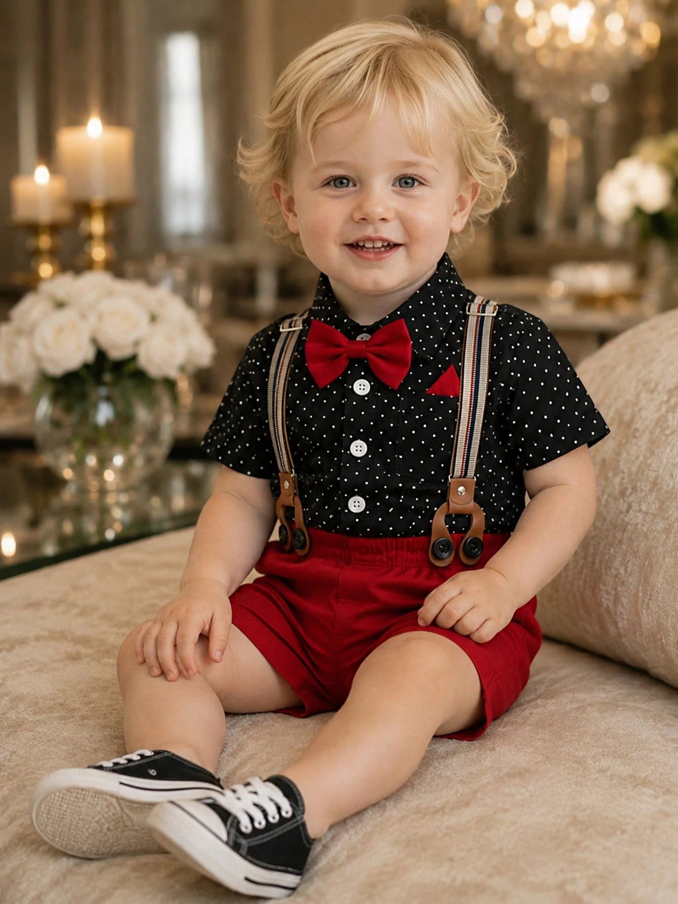 Baby Boys' Polka Dot Short Sleeve Shirt And Overalls Shorts Set