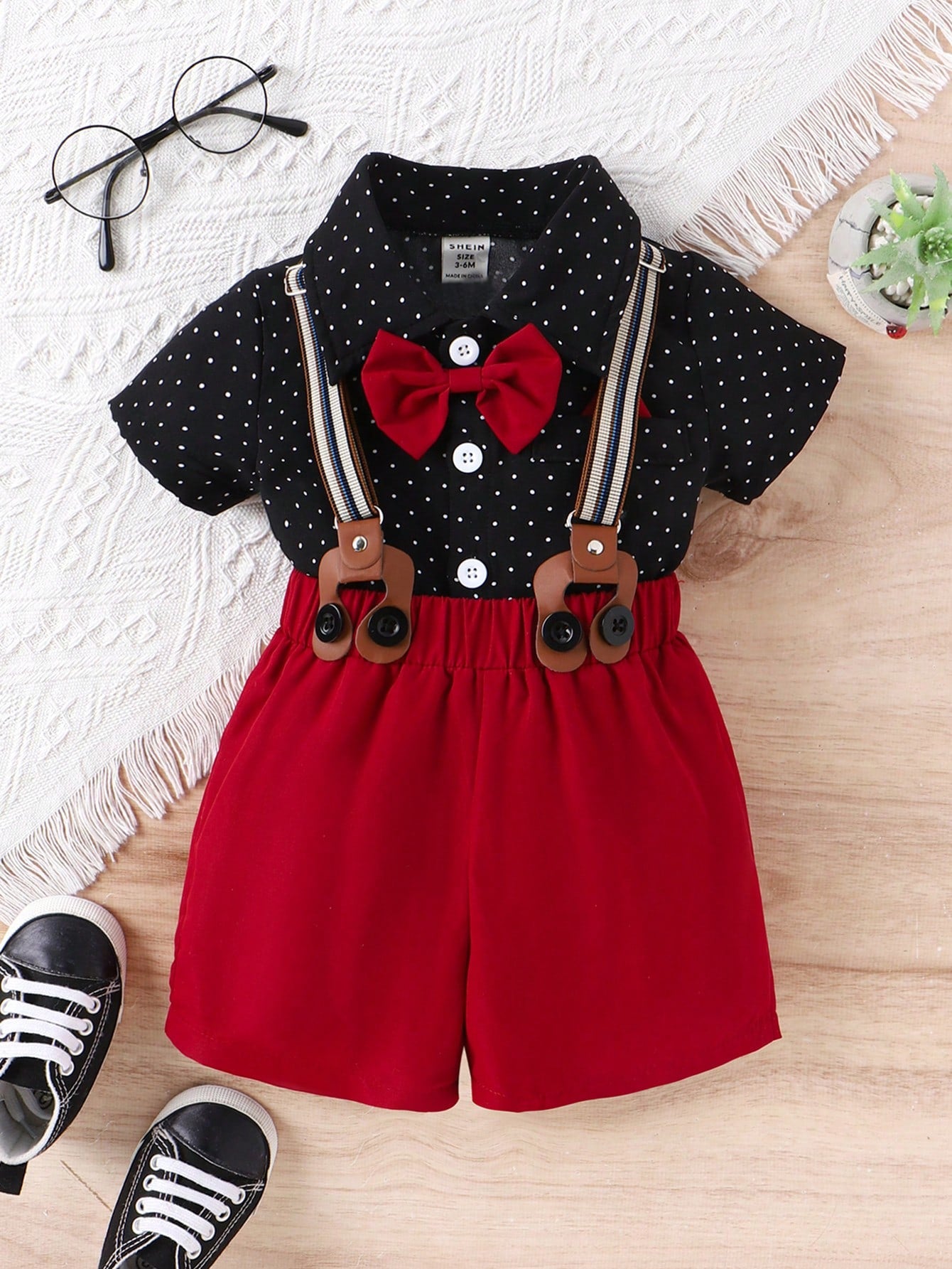 Baby Boys' Polka Dot Short Sleeve Shirt And Overalls Shorts Set