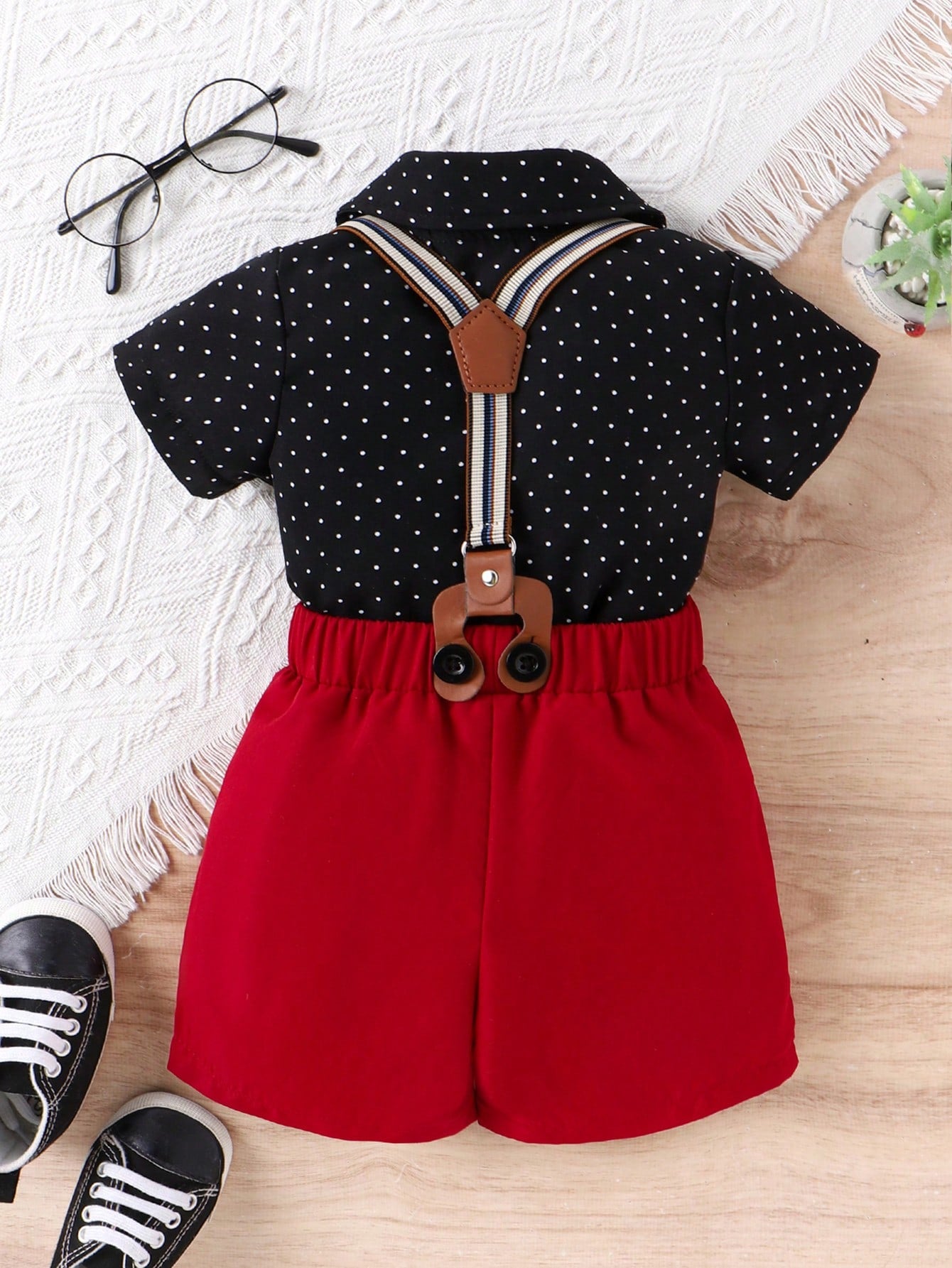 Baby Boys' Polka Dot Short Sleeve Shirt And Overalls Shorts Set