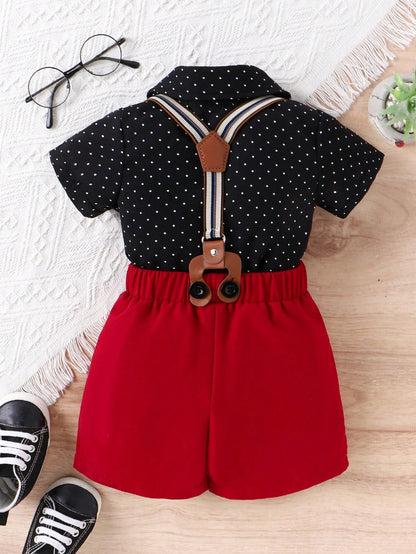 Baby Boys' Polka Dot Short Sleeve Shirt And Overalls Shorts Set