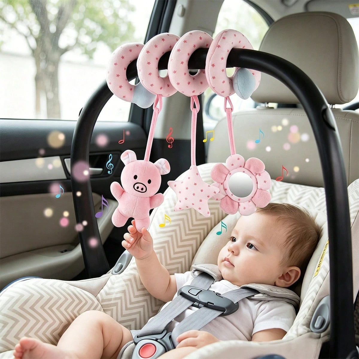 Baby Car Seat Spiral Hanging Toy, Pink Pig Pendant, Soothing Baby, Stroller Rattle Toy, Newborn Sensory Early Education Gift