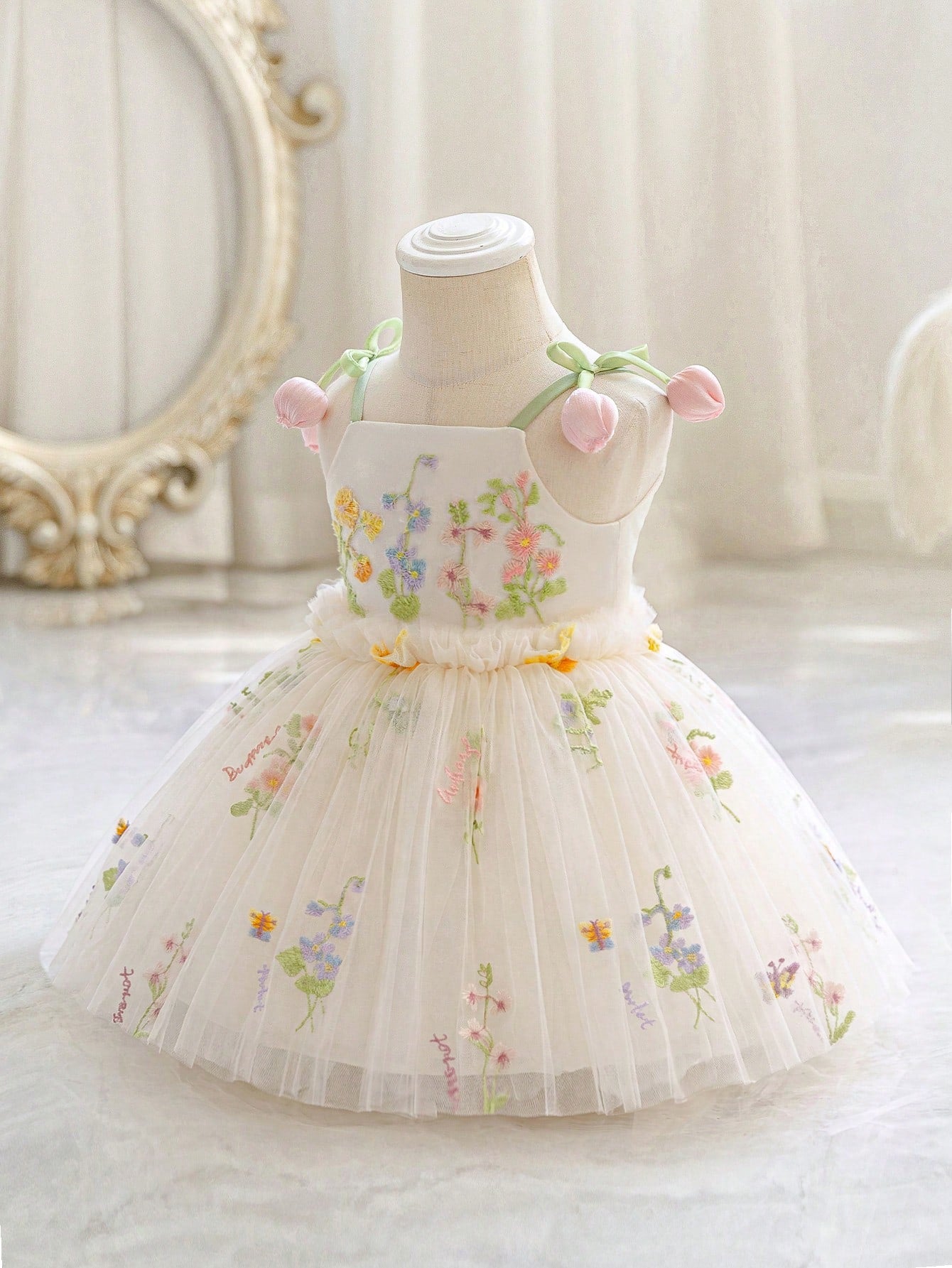Baby Girl 3D Floral Embroidered Princess Dress, Spaghetti Strap Dress, Suitable For Children's Birthday, Flower Girl Wedding Outfit, Holiday Celebration Dress