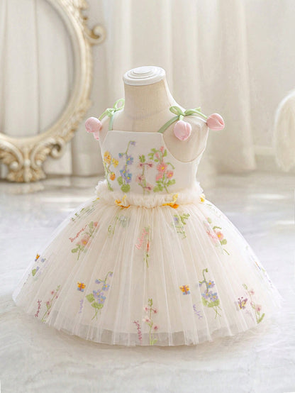 Baby Girl 3D Floral Embroidered Princess Dress, Spaghetti Strap Dress, Suitable For Children's Birthday, Flower Girl Wedding Outfit, Holiday Celebration Dress