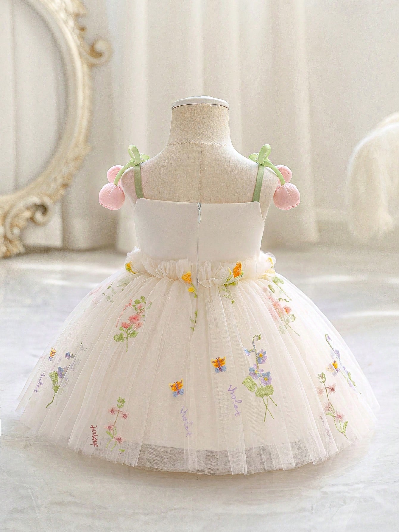 Baby Girl 3D Floral Embroidered Princess Dress, Spaghetti Strap Dress, Suitable For Children's Birthday, Flower Girl Wedding Outfit, Holiday Celebration Dress