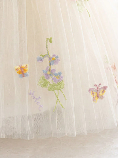 Baby Girl 3D Floral Embroidered Princess Dress, Spaghetti Strap Dress, Suitable For Children's Birthday, Flower Girl Wedding Outfit, Holiday Celebration Dress