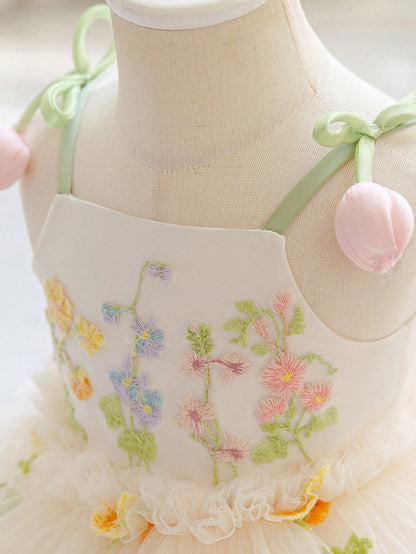 Baby Girl 3D Floral Embroidered Princess Dress, Spaghetti Strap Dress, Suitable For Children's Birthday, Flower Girl Wedding Outfit, Holiday Celebration Dress