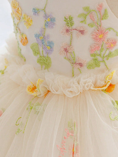 Baby Girl 3D Floral Embroidered Princess Dress, Spaghetti Strap Dress, Suitable For Children's Birthday, Flower Girl Wedding Outfit, Holiday Celebration Dress