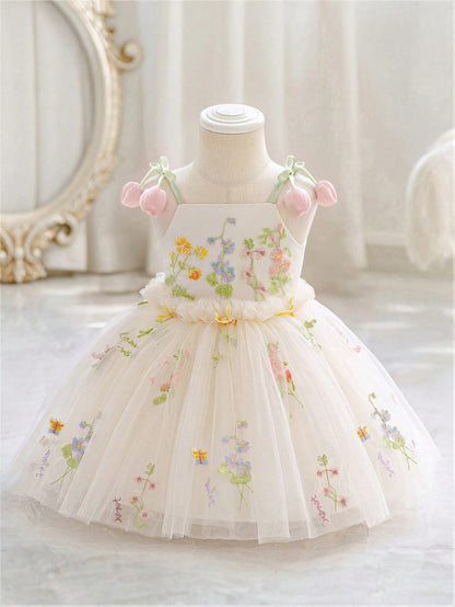 Baby Girl 3D Floral Embroidered Princess Dress, Spaghetti Strap Dress, Suitable For Children's Birthday, Flower Girl Wedding Outfit, Holiday Celebration Dress