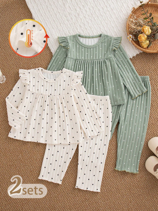 Baby Girl Autumn 4-Piece Set| Cute Cat Heart Green & Apricot Polka Dot Ruffle Long Sleeve Top + Pants, Casual Parent-Child Matching Outfit
