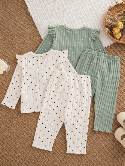 Baby Girl Autumn 4-Piece Set| Cute Cat Heart Green & Apricot Polka Dot Ruffle Long Sleeve Top + Pants, Casual Parent-Child Matching Outfit
