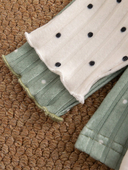 Baby Girl Autumn 4-Piece Set| Cute Cat Heart Green & Apricot Polka Dot Ruffle Long Sleeve Top + Pants, Casual Parent-Child Matching Outfit