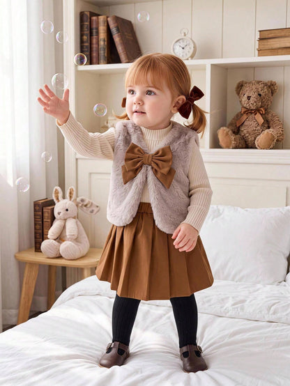 Baby Girl Bow Decor Fluffy Vest, Long Sleeve Top And Pleated Skirt 3-Piece Set