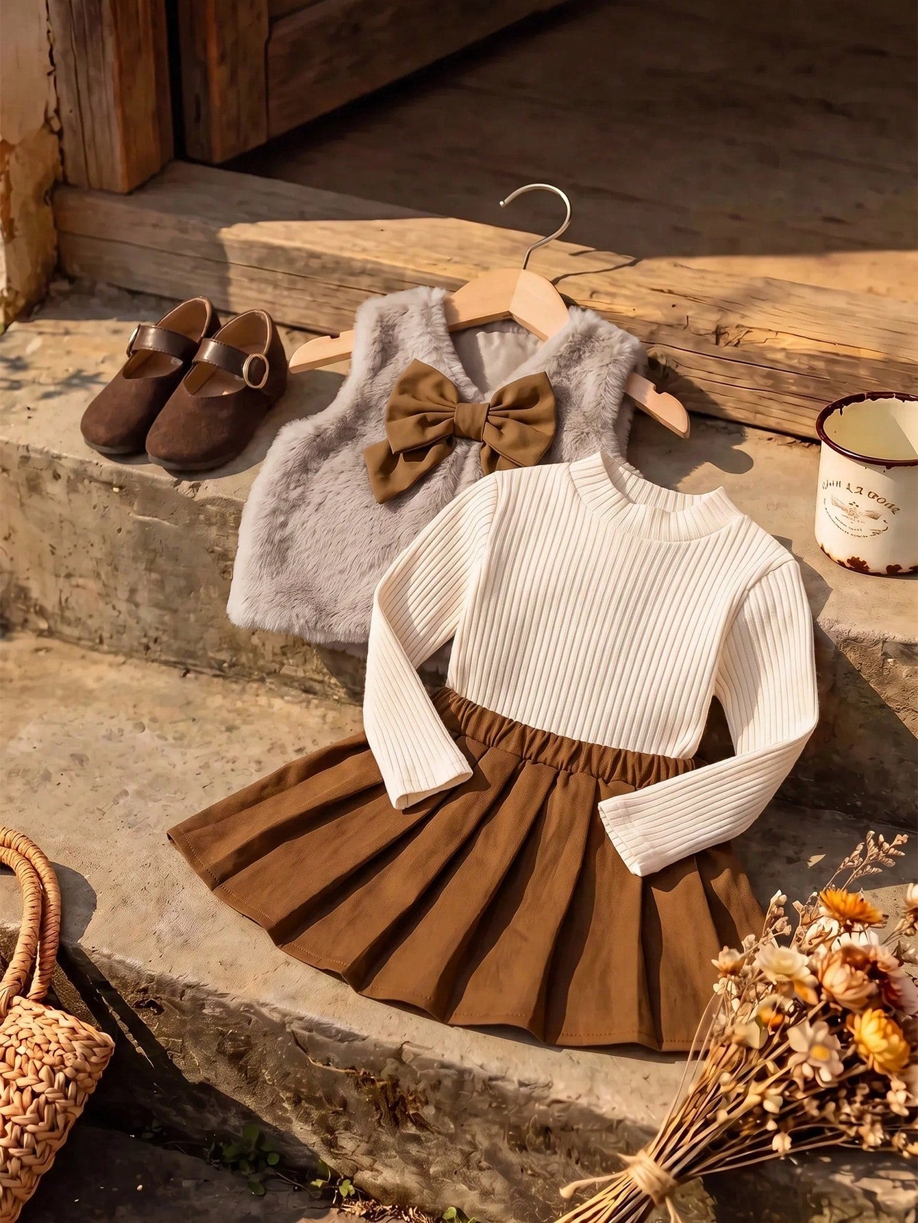 Baby Girl Bow Decor Fluffy Vest, Long Sleeve Top And Pleated Skirt 3-Piece Set