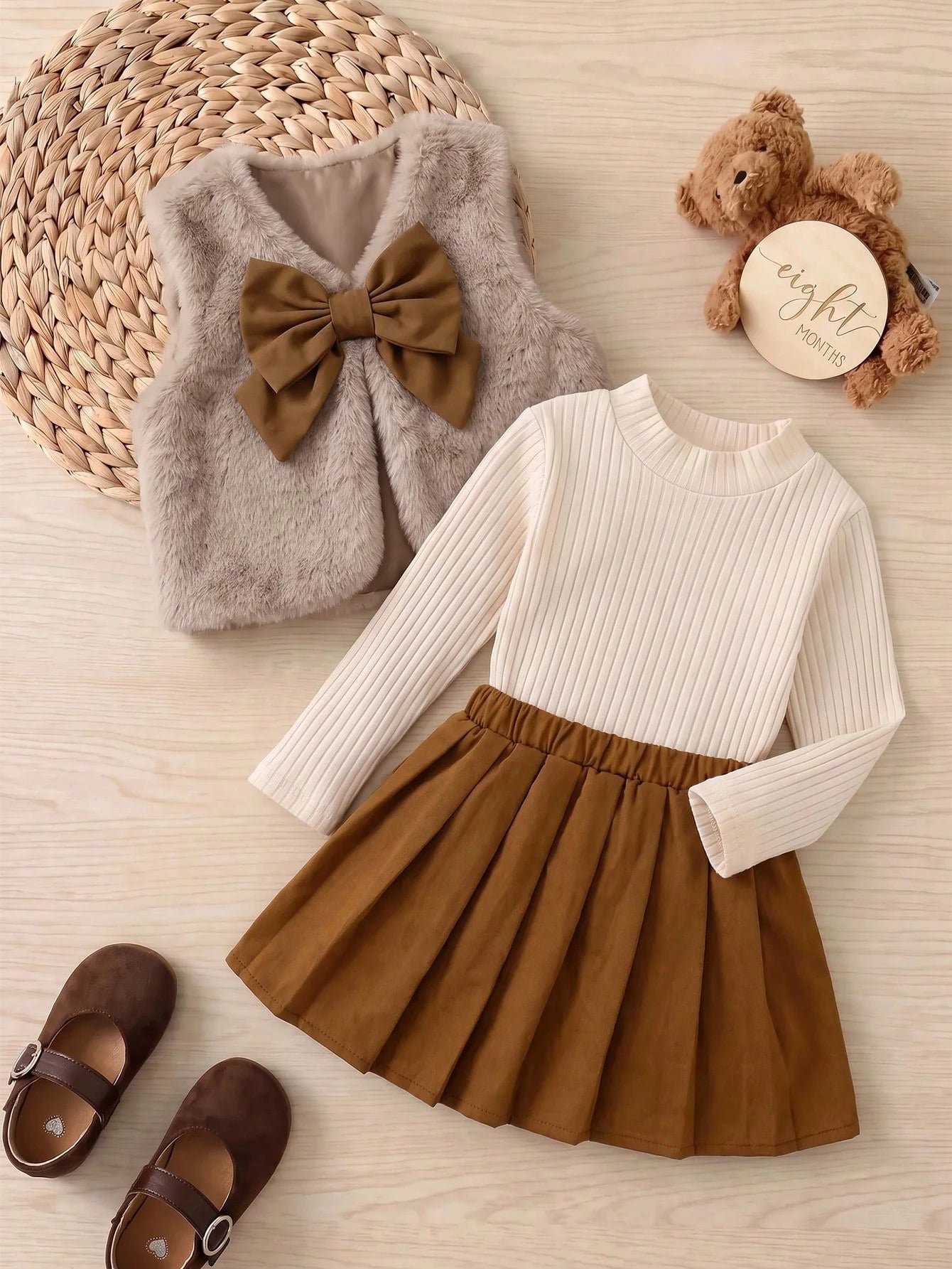 Baby Girl Bow Decor Fluffy Vest, Long Sleeve Top And Pleated Skirt 3-Piece Set
