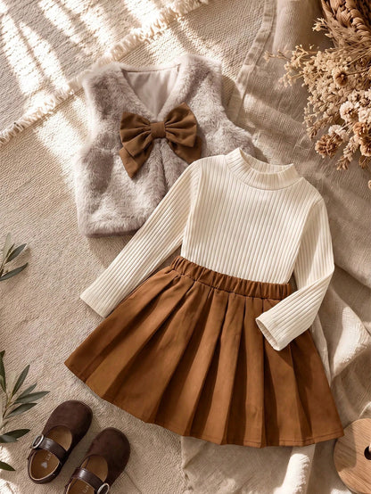 Baby Girl Bow Decor Fluffy Vest, Long Sleeve Top And Pleated Skirt 3-Piece Set