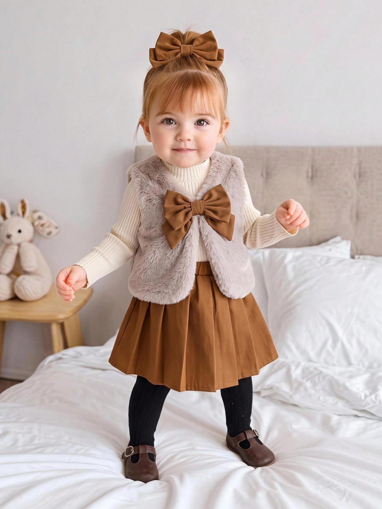Baby Girl Bow Decor Fluffy Vest, Long Sleeve Top And Pleated Skirt 3-Piece Set