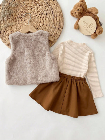 Baby Girl Bow Decor Fluffy Vest, Long Sleeve Top And Pleated Skirt 3-Piece Set