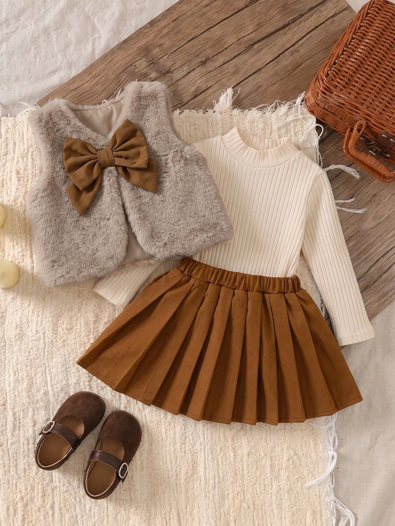 Baby Girl Bow Decor Fluffy Vest, Long Sleeve Top And Pleated Skirt 3-Piece Set