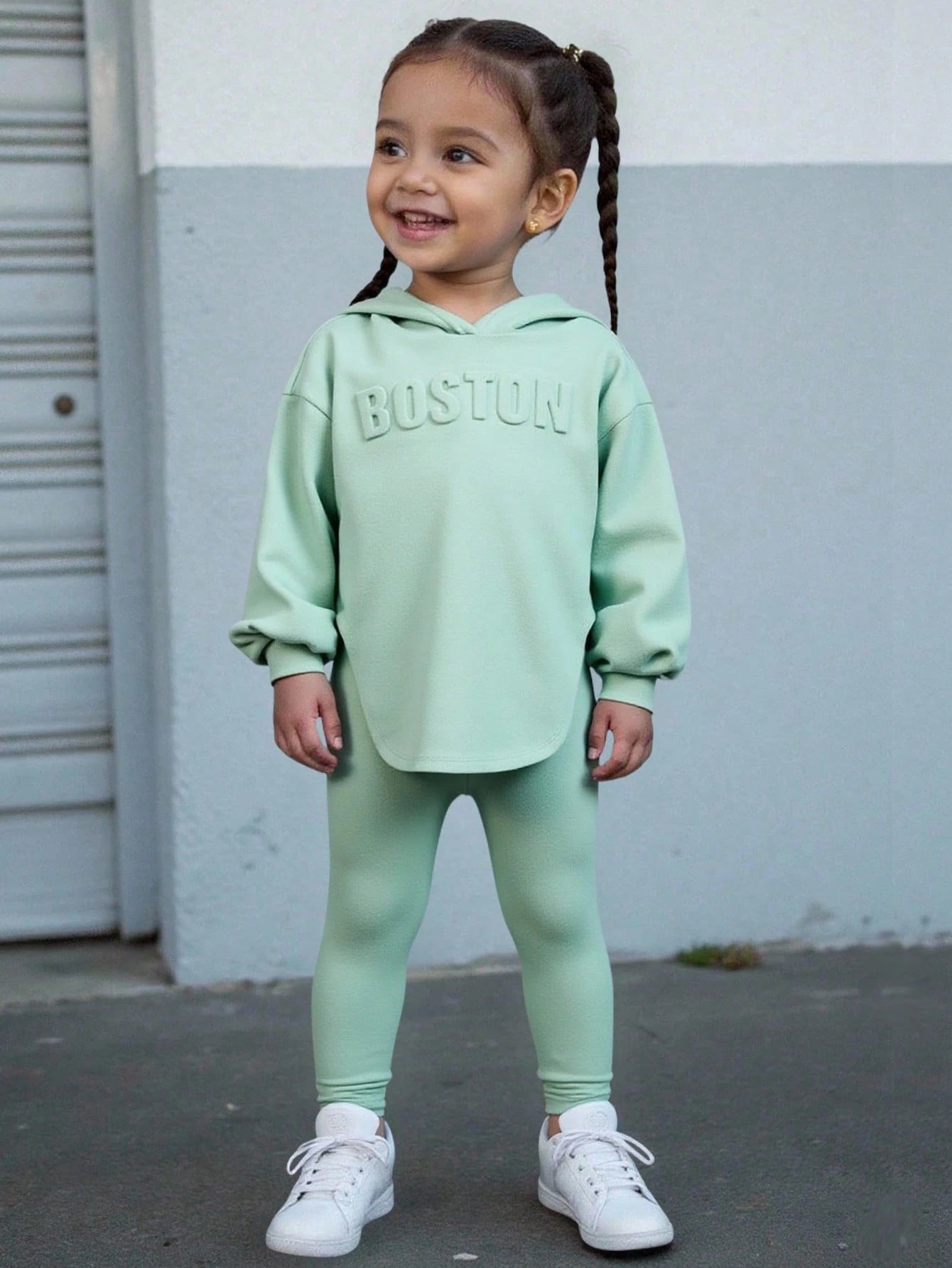 Baby Girl Casual Hooded Long Sleeve Top & Pants In Grayish Green With Letter Embossing