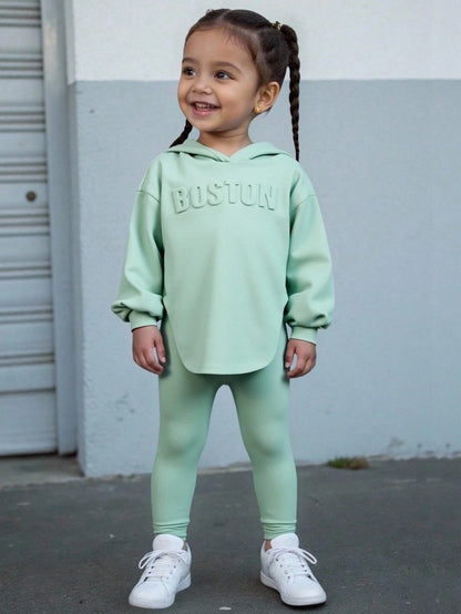 Baby Girl Casual Hooded Long Sleeve Top & Pants In Grayish Green With Letter Embossing