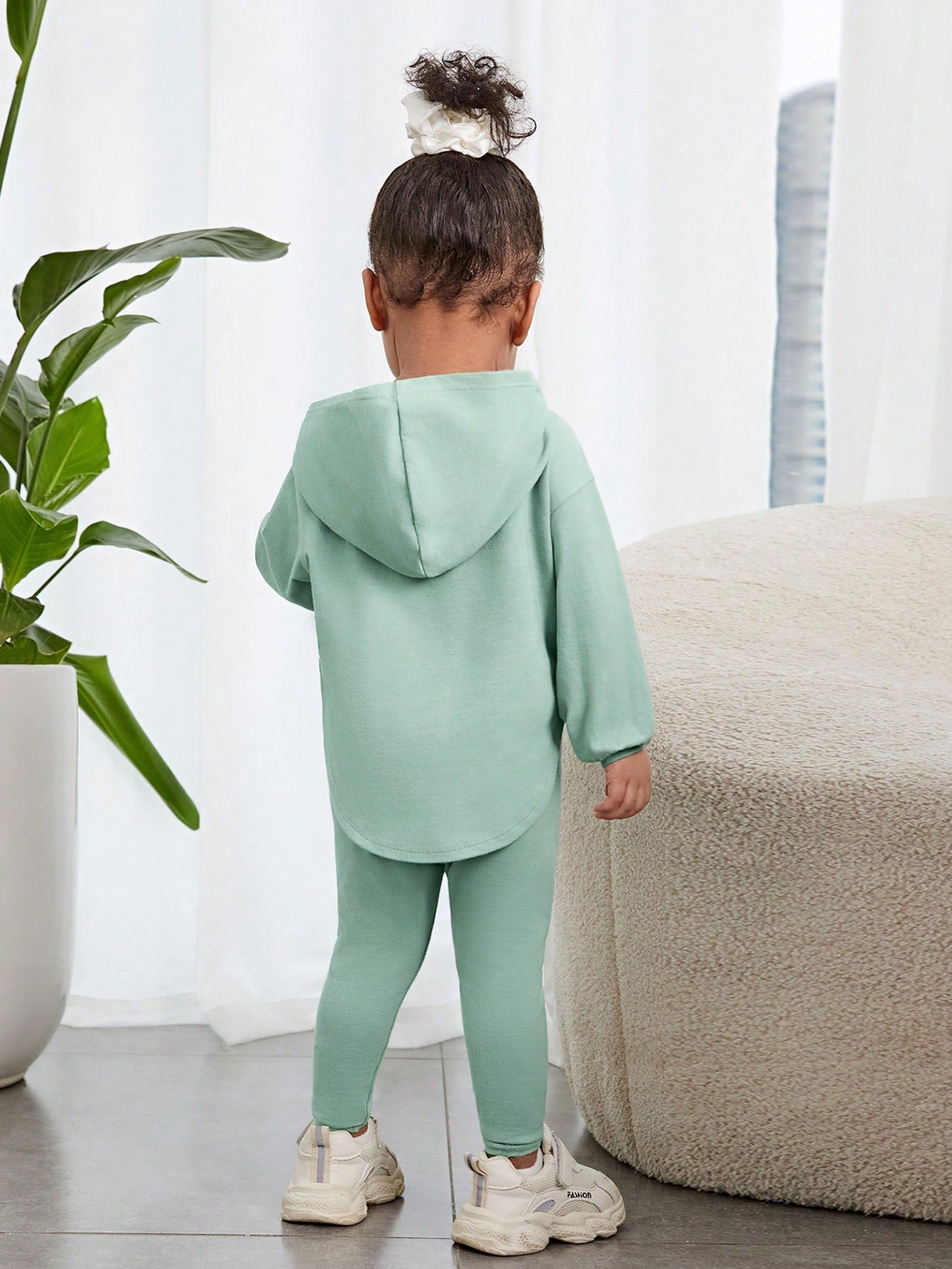 Baby Girl Casual Hooded Long Sleeve Top & Pants In Grayish Green With Letter Embossing
