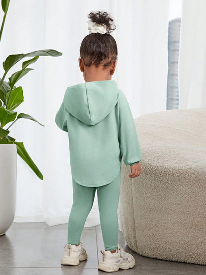 Baby Girl Casual Hooded Long Sleeve Top & Pants In Grayish Green With Letter Embossing