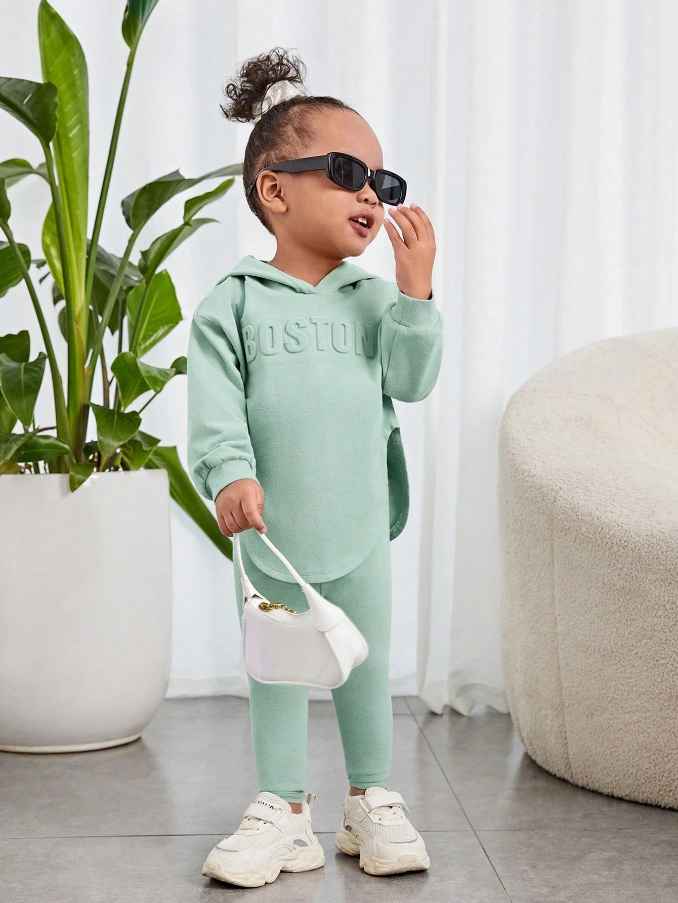 Baby Girl Casual Hooded Long Sleeve Top & Pants In Grayish Green With Letter Embossing